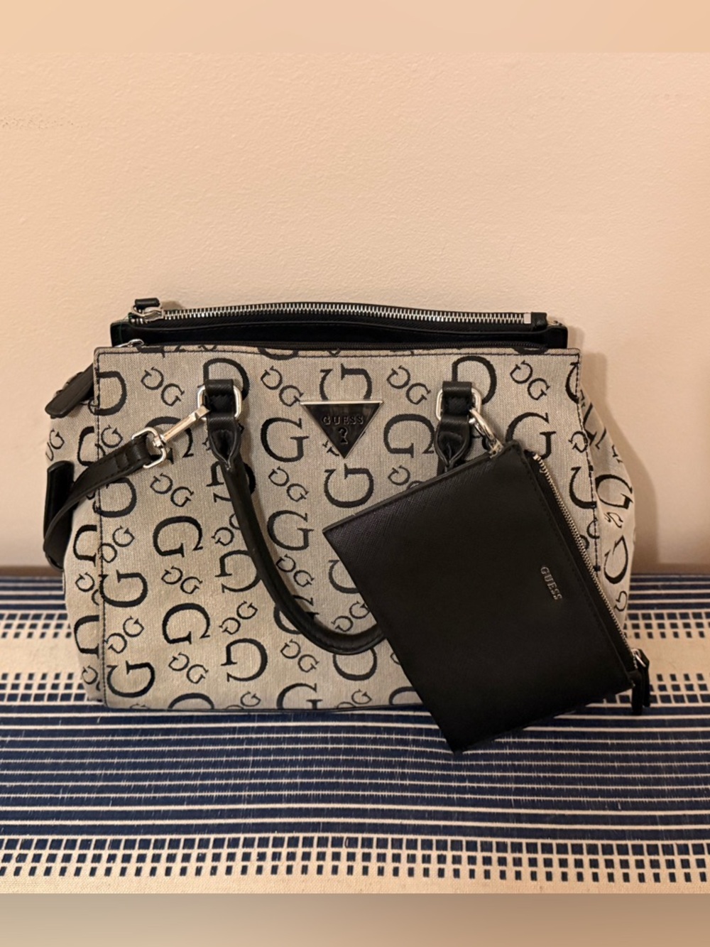 Guess Cream Canvas Logo Tote with Black Trim and Removable Black Pouch